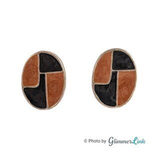Chico's Oval Brown Black Swirl Checkered Enamel Pierced Silver Tone Earrings